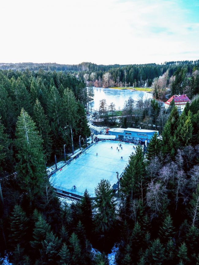 Eisplatz Lindenberg aus der Vogelperspektive, umgeben von dichtem Wald und einem halb zugefrorenen See im Hintergrund.
