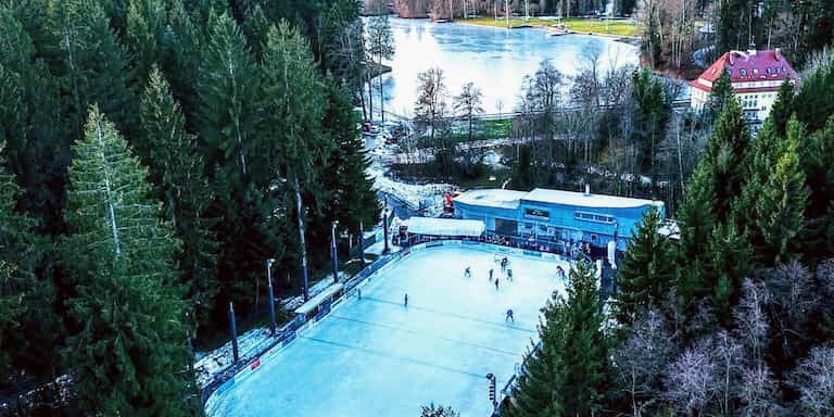 Eisplatz Lindenberg aus der Vogelperspektive, umgeben von dichtem Wald und einem halb zugefrorenen See im Hintergrund.