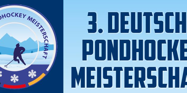 Logo der 3. Deutschen Pondhockey Meisterschaft mit Eishockeyspieler und Berglandschaft im Hintergrund.