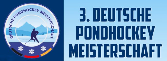 pondhockey2020_banner Logo der 3. Deutschen Pondhockey Meisterschaft mit Eishockeyspieler und Berglandschaft im Hintergrund.