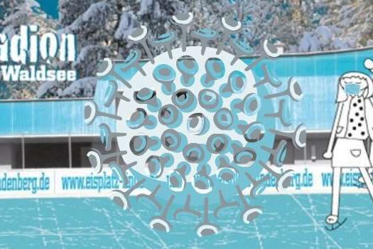 Die Zeichnung zeigt Schlittschuhläufer vor dem Kunsteisstadion Lindenberg mit einem großen Virus-Symbol im Vordergrund.