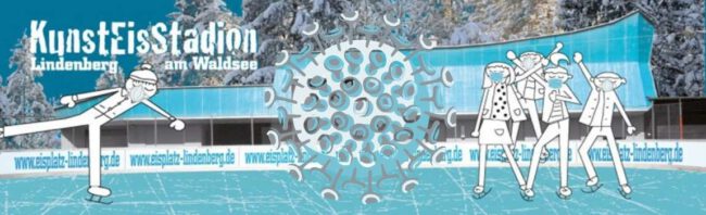 Die Zeichnung zeigt Schlittschuhläufer vor dem Kunsteisstadion Lindenberg mit einem großen Virus-Symbol im Vordergrund.