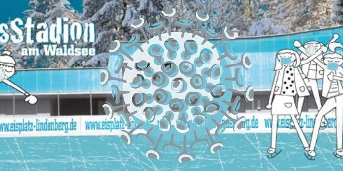 Saisonstart 2020 Corona Die Zeichnung zeigt Schlittschuhläufer vor dem Kunsteisstadion Lindenberg mit einem großen Virus-Symbol im Vordergrund.