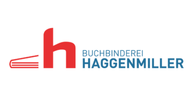 Logo der Buchbinderei Haggenmiller mit einem roten Buchsymbol und einem roten Buchstaben "h" auf weißem Hintergrund.