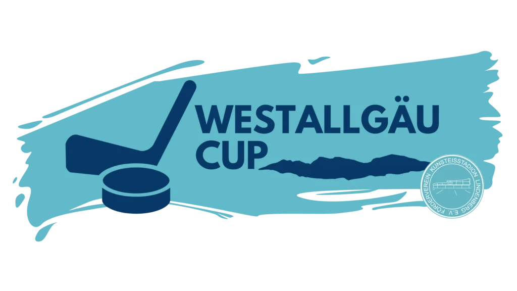 Logo des Westallgäu Cups mit Eishockeyschläger, Puck und Bergen im Hintergrund auf blauem Hintergrund.