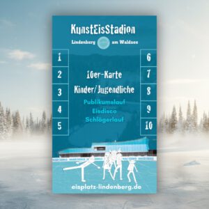 Blaues Plakat des Kunsteisstadions Lindenberg mit Angeboten für Publikumslauf, Eisdisco und Schlittschuhverleih.