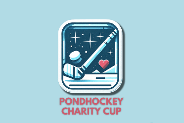 Pondhockey Charity Cup Logo-2 Logo des Pondhockey Charity Cup mit Eishockeyspieler, Herz und Sternen auf blauem Hintergrund.