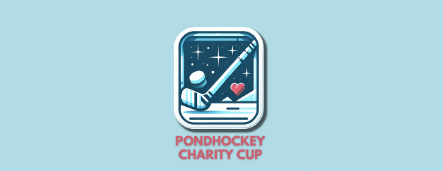 Logo des Pondhockey Charity Cup mit Eishockeyspieler, Herz und Sternen auf blauem Hintergrund.