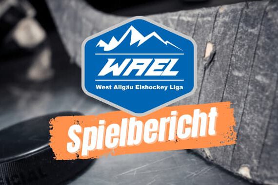 Spieltag-titelbild-bericht Logo der West Allgäu Eishockey Liga mit der Aufschrift Spielbericht, ein Eishockeyschläger und Puck im Hintergrund.