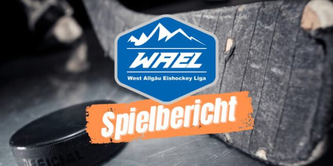 Logo der West Allgäu Eishockey Liga mit der Aufschrift Spielbericht, ein Eishockeyschläger und Puck im Hintergrund.