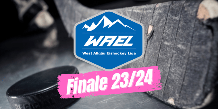 Spieltag (759 x 380 px) Eishockeyschläger und Puck mit Logo der West Allgäu Eishockey Liga, Text "Finale 23/24" in pink hervorgehoben.