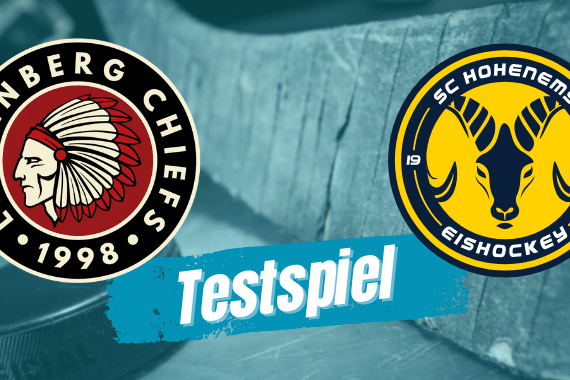 chiefs-hohenems Logos der Lindenberg Chiefs und SC Hohenems Eishockey mit der Aufschrift Testspiel vor einem Eishockeyschläger.
