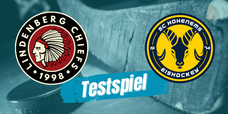 chiefs-hohenems Logos der Lindenberg Chiefs und SC Hohenems Eishockey mit der Aufschrift Testspiel vor einem Eishockeyschläger.
