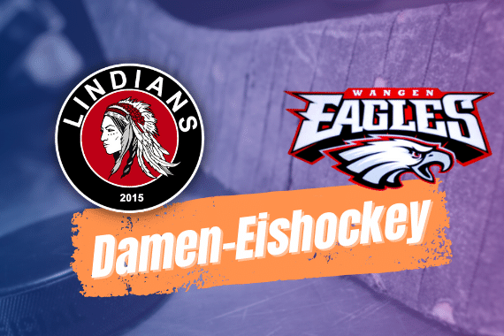 damen-eishockey Logos der Lindians 2015 und Wangen Eagles vor einem Eishockeyschläger, mit dem Schriftzug Damen-Eishockey.