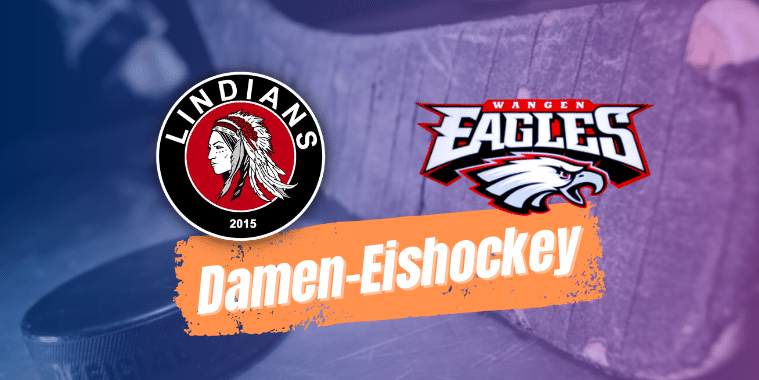 damen-eishockey Logos der Lindians 2015 und Wangen Eagles vor einem Eishockeyschläger, mit dem Schriftzug Damen-Eishockey.