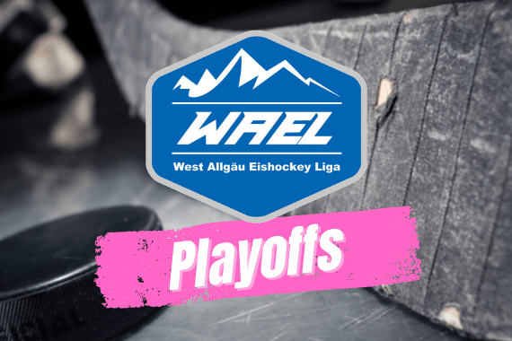 playoffs 23-24-wael-2 Logo der West Allgäu Eishockey Liga mit Playoffs-Schriftzug, Eishockey-Puck und Schläger im Hintergrund.