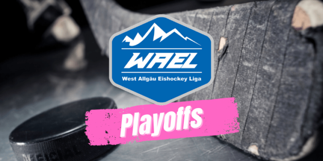 Logo der West Allgäu Eishockey Liga mit Playoffs-Schriftzug, Eishockey-Puck und Schläger im Hintergrund.