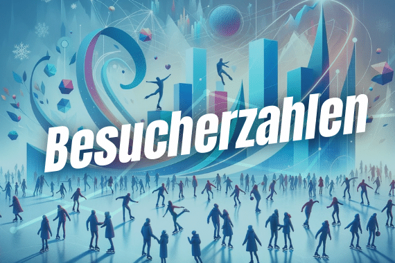 Menschenmenge auf einer Eisbahn mit stilisierten Grafiken im Hintergrund, darüber der Schriftzug "Besucherzahlen".