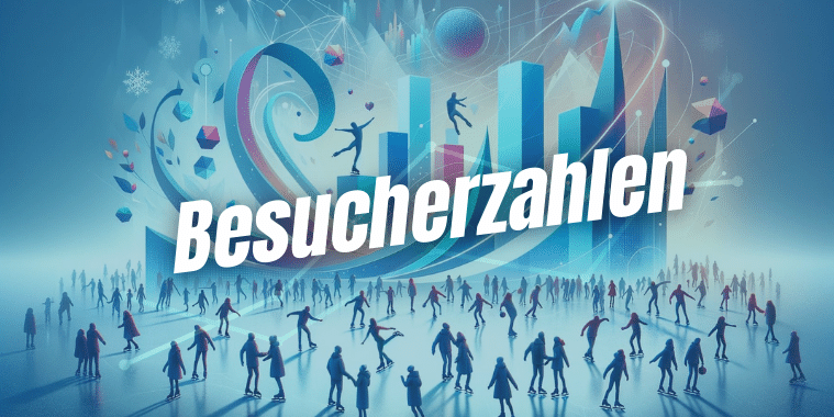 Menschenmenge auf einer Eisbahn mit stilisierten Grafiken im Hintergrund, darüber der Schriftzug "Besucherzahlen".