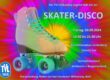 Buntes Poster zur Skater-Disco am 20.09.2024 mit Rollschuh, TVL-Logo, Ort und Uhrzeit im Kunsteisstadion Lindenberg.