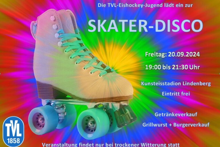 Buntes Poster zur Skater-Disco am 20.09.2024 mit Rollschuh, TVL-Logo, Ort und Uhrzeit im Kunsteisstadion Lindenberg.