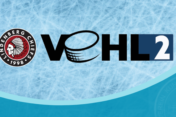 Eishockey-Logo mit Schriftzug VEHL2 und dem Lindenberg Chiefs Logo auf eisblauem Hintergrund.