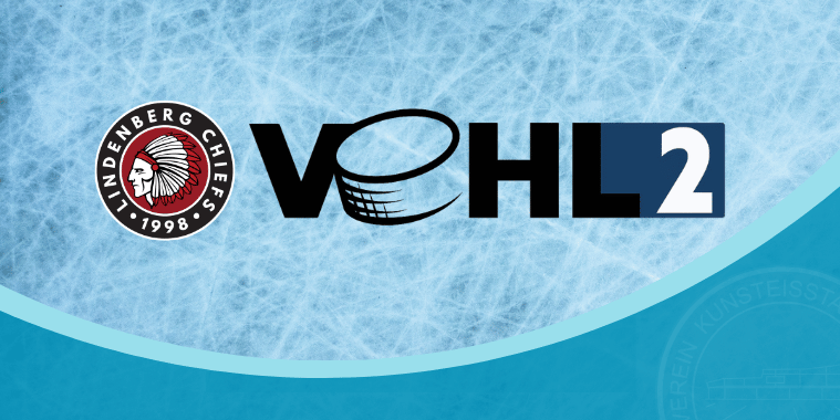 Eishockey-Logo mit Schriftzug VEHL2 und dem Lindenberg Chiefs Logo auf eisblauem Hintergrund.