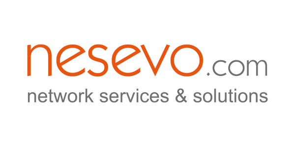 nesevo Logo von nesevo.com in Orange und Grau mit dem Slogan network services & solutions.