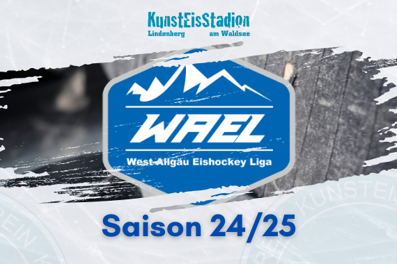 Logo der West-Allgäu Eishockey Liga mit Bergen und Text "Saison 24/25", Kunsteisstadion-Header im Hintergrund.