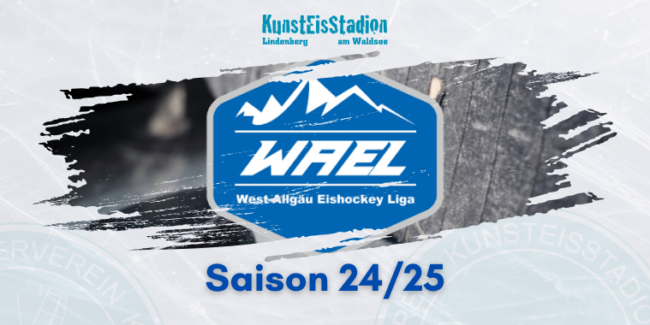 Logo der West-Allgäu Eishockey Liga mit Bergen und Text "Saison 24/25", Kunsteisstadion-Header im Hintergrund.