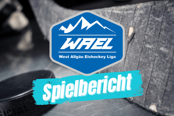 Spielbericht-WAEL-saison24-25 Ein Eishockeyschläger und Puck, darüber das WAEL-Logo der West Allgäu Eishockey Liga, Text: Spielbericht.