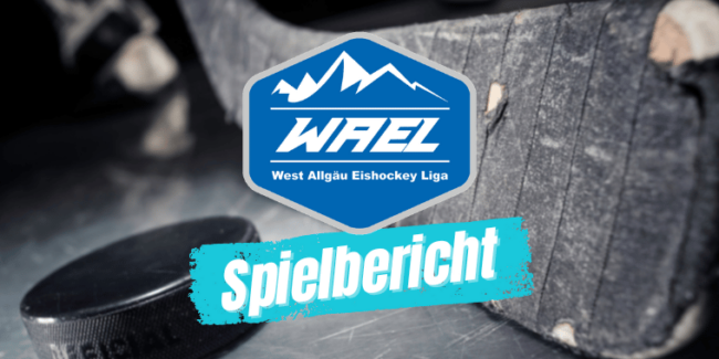Ein Eishockeyschläger und Puck, darüber das WAEL-Logo der West Allgäu Eishockey Liga, Text: Spielbericht.