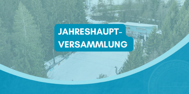 Jahreshauptversammlung Ankündigung vor einem winterlichen Kunsteisstadion mit umgebenden Bäumen.