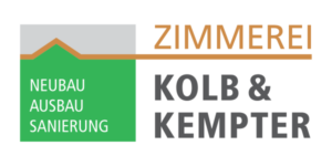 Logo der Zimmerei Kolb & Kempter; Text: Neubau, Ausbau, Sanierung, neben einem grünen Haus-Symbol.