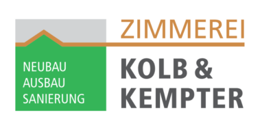 Logo der Zimmerei Kolb & Kempter; Text: Neubau, Ausbau, Sanierung, neben einem grünen Haus-Symbol.