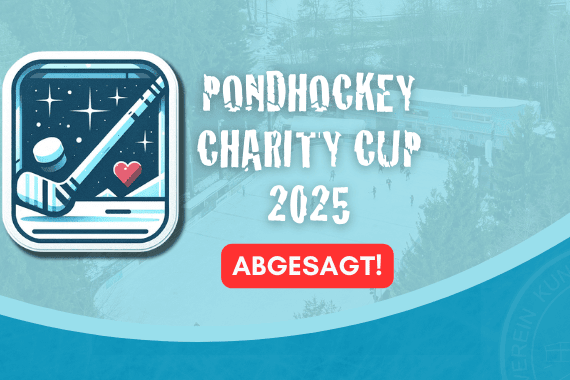 Eisplatz-Logo, Ankündigung der Absage des Pondhockey Charity Cup 2025 vor einer winterlichen Landschaft.