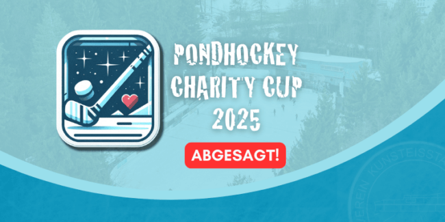 Eisplatz-Logo, Ankündigung der Absage des Pondhockey Charity Cup 2025 vor einer winterlichen Landschaft.
