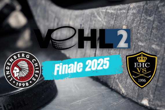 Kopie von WAEL-Spielbericht 2425 (1) Amateur-Eishockeyspiel Finale 2025, Lindenberg Chiefs gegen EHC VS, mit Puck und Schläger im Hintergrund.