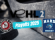 Eishockey-Spielbericht mit Eishockeyschläger, Puck, Logos der Lindenberg Chiefs und Hard Hockey, Playoffs 2025.
