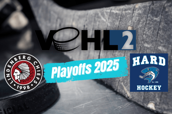 Kopie von WAEL-Spielbericht 2425 Eishockey-Spielbericht mit Eishockeyschläger, Puck, Logos der Lindenberg Chiefs und Hard Hockey, Playoffs 2025.