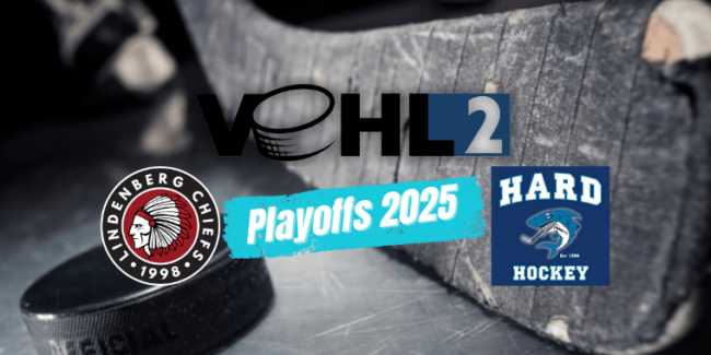 Eishockey-Spielbericht mit Eishockeyschläger, Puck, Logos der Lindenberg Chiefs und Hard Hockey, Playoffs 2025.