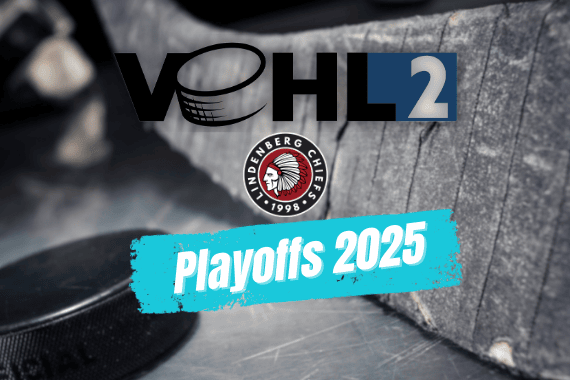 VEHL-Spielbericht 2425 (2) Eishockeyschläger und Puck mit VEHL-Logo und Lindenberg Chiefs-Emblem, Playoffs 2025 Schriftzug im Vordergrund.