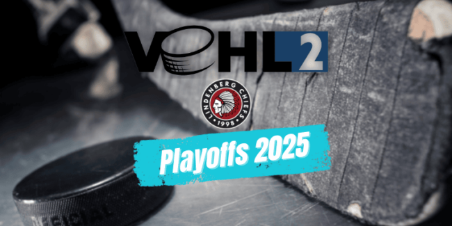 Eishockeyschläger und Puck mit VEHL-Logo und Lindenberg Chiefs-Emblem, Playoffs 2025 Schriftzug im Vordergrund.