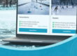 Laptop mit Buchungsportal vom Eisplatz Lindenberg steht auf einer Eisfläche.