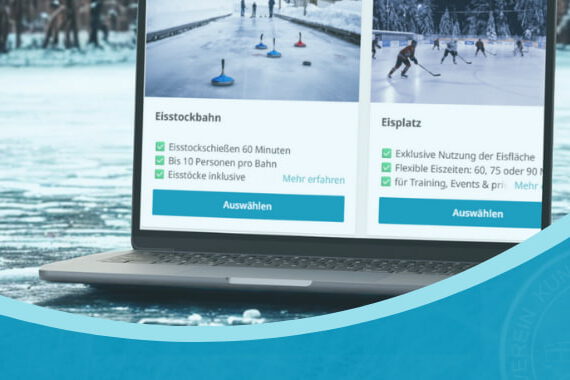 online-buchungen Laptop mit Buchungsportal vom Eisplatz Lindenberg steht auf einer Eisfläche.