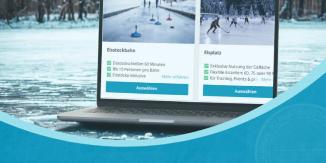 online-buchungen Laptop mit Buchungsportal vom Eisplatz Lindenberg steht auf einer Eisfläche.