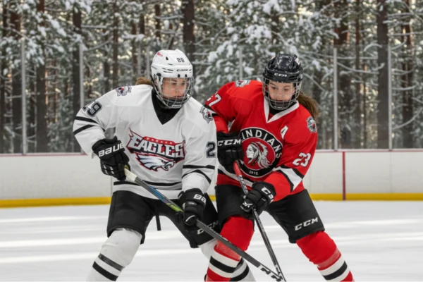 Damen-Eishockey Lindenberg Zwei Damen-Eishockeyspielerinnen kämpfen auf dem Eis um den Puck.
