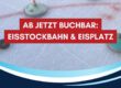 Eisstöcke auf der Eisstockbahn am Eisplatz Lindenberg, Schriftzug: Ab jetzt buchbar: Eisstockbahn und Eisplatz