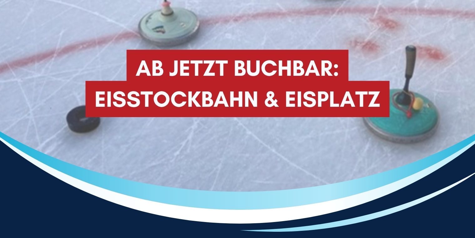 eisstockbahn-eisplatz-jetzt-buchen Eisstöcke auf der Eisstockbahn am Eisplatz Lindenberg, Schriftzug: Ab jetzt buchbar: Eisstockbahn und Eisplatz