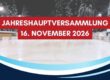 Eisfläche am Eisplatz Lindenberg bei Flutlicht mit dem Schriftzug Jahreshauptversammlung 16. November 2026